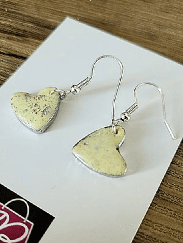 Drop Earrings - Yellow with silver glitter hearts